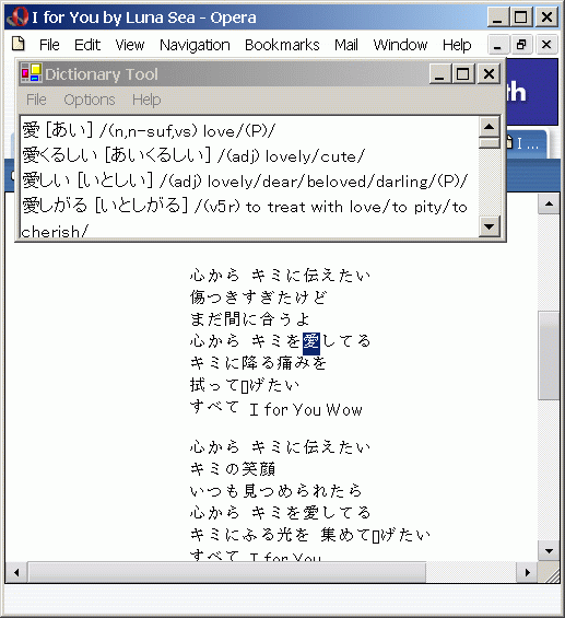 Srceenshot of DLTool looking up japanese text